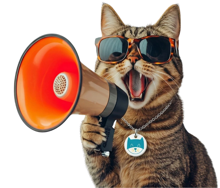 Getigerte Katze mit Megafon und Tatzenhelden-Logo am Halsband als Symbol für guten Katzenversicherungsschutz